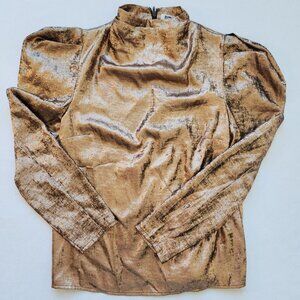 Kahlana Barfield Brown Top Blouse Puff Sleeve Shiny Copper Metallic Edgy Cool